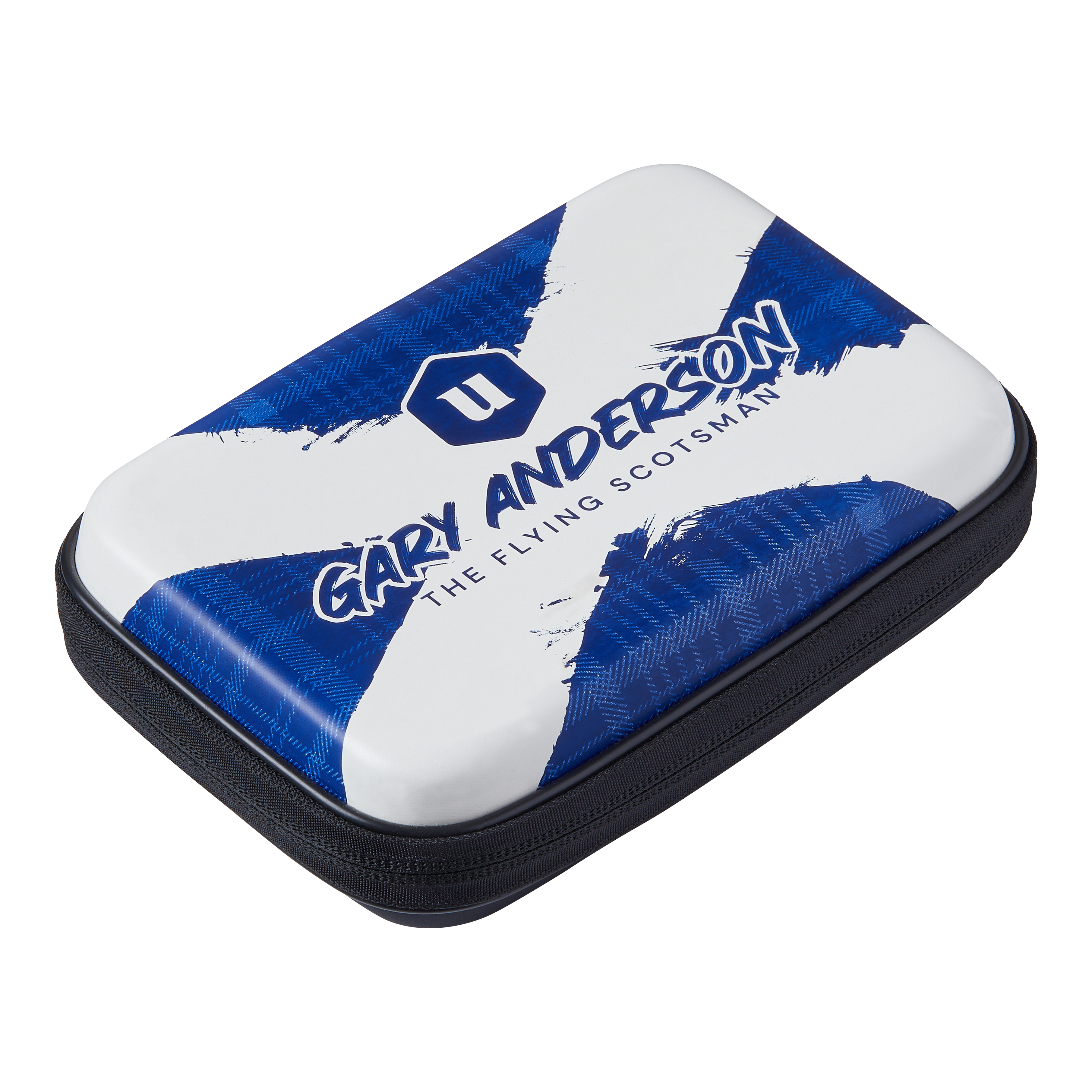 Das Bild zeigt das Produkt "Unicorn Ultra Gary Anderson Dartwallet". Die Darttasche ist mit einem blauen und weißen Design sowie dem Namen "Gary Anderson" und dem Schriftzug "The Flying Scotsman" bedruckt.